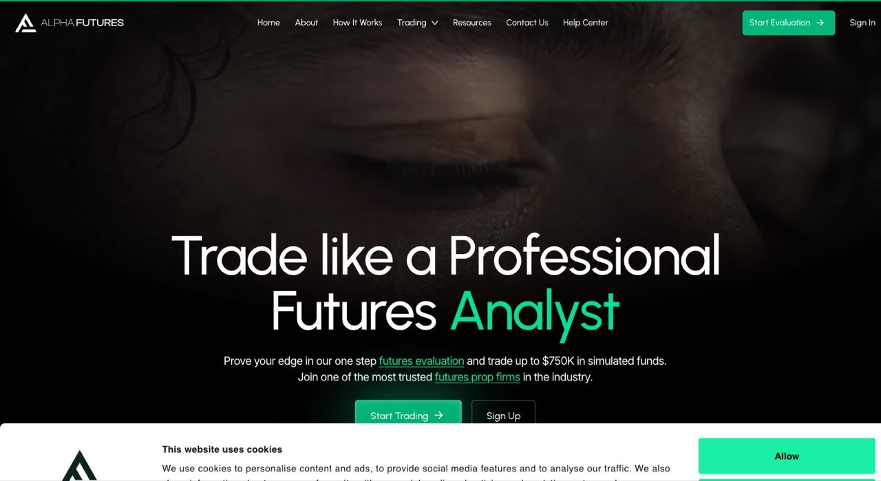 Alpha Futures homepage headline, one-step evaluation messaging and account-size tiles