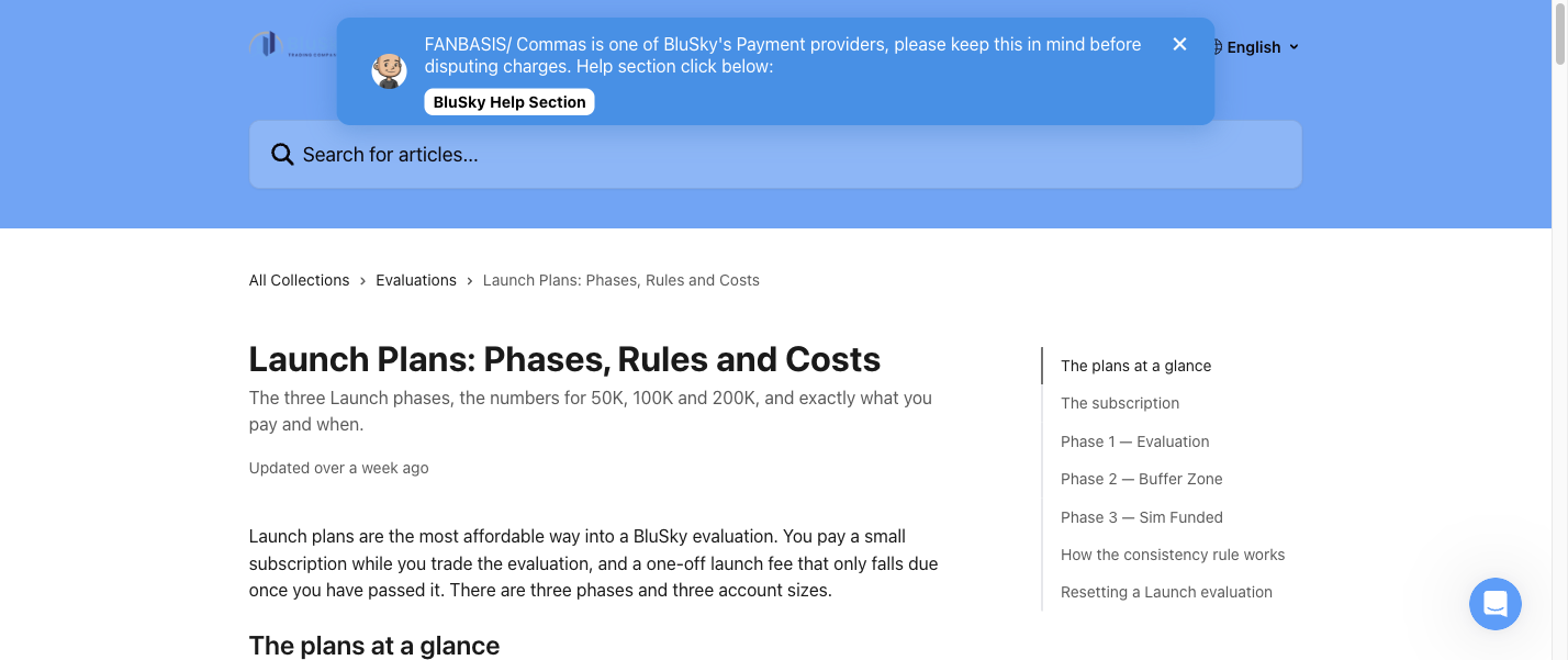 BluSky Launch plan help article describing its phases and costs.