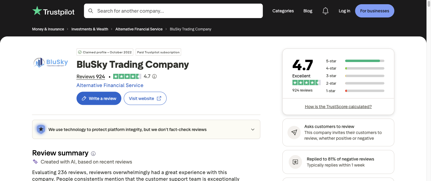 BluSky Trustpilot profile showing a 4.7 rating and 924 reviews on October 12, 2026.