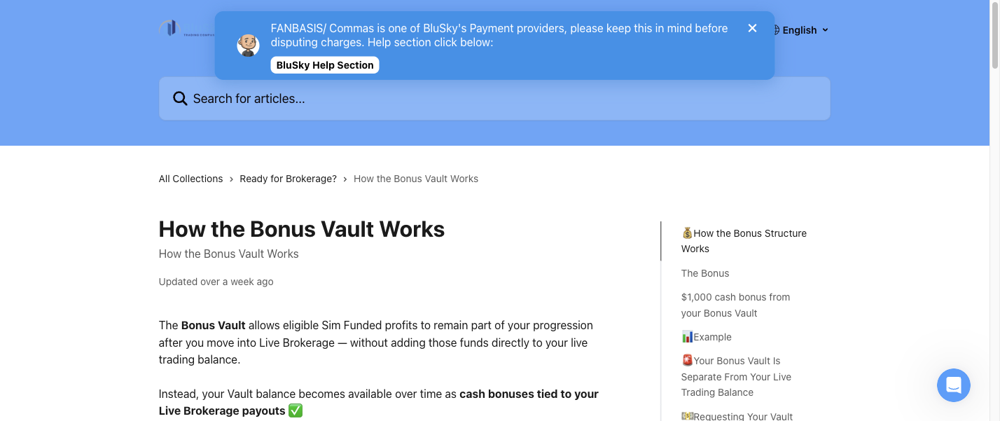 BluSky Bonus Vault article explaining its separation from the live trading balance.
