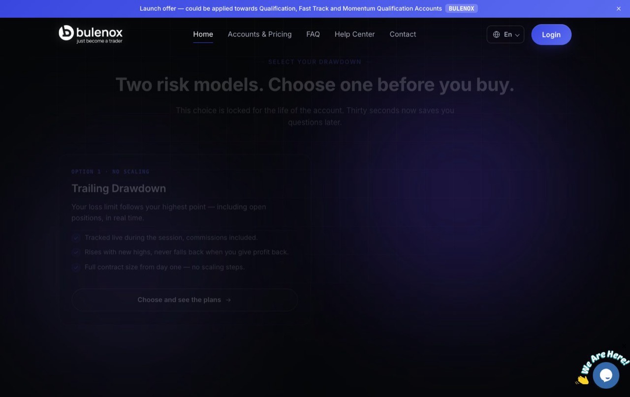 Bulenox homepage drawdown selector showing the two risk models traders must choose between