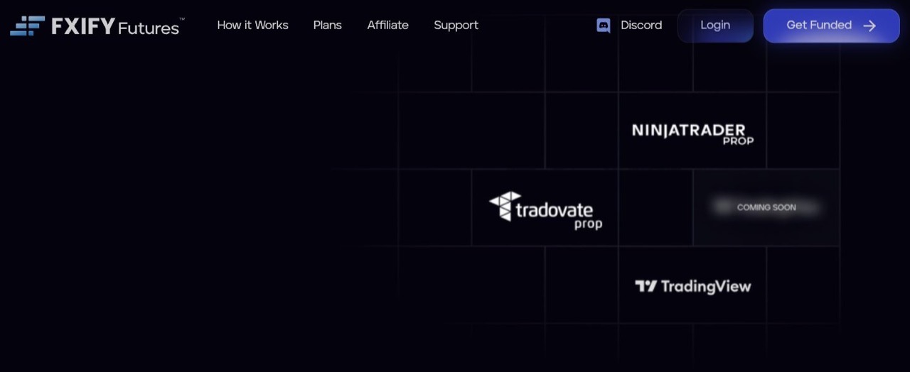 FXIFY Futures homepage platforms section listing the trading platforms available on its accounts