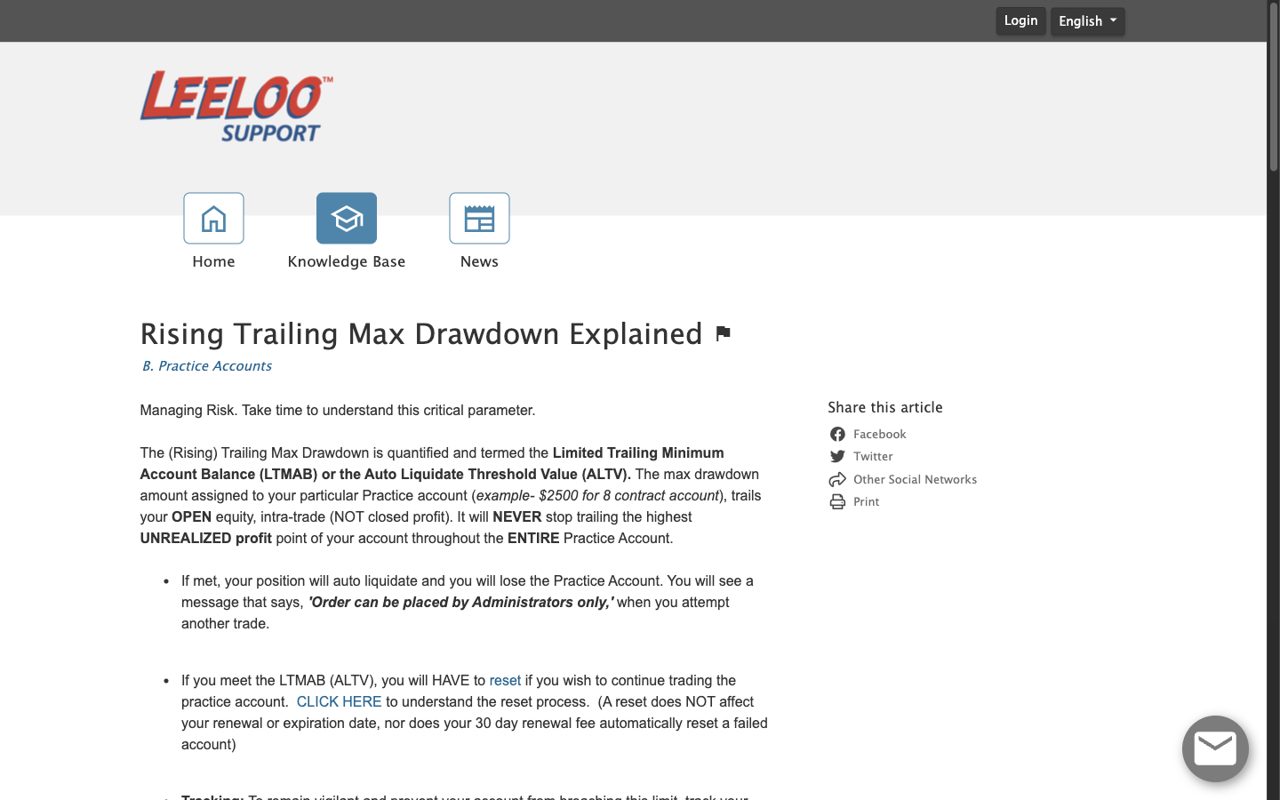 Leeloo support article explaining rising trailing max drawdown