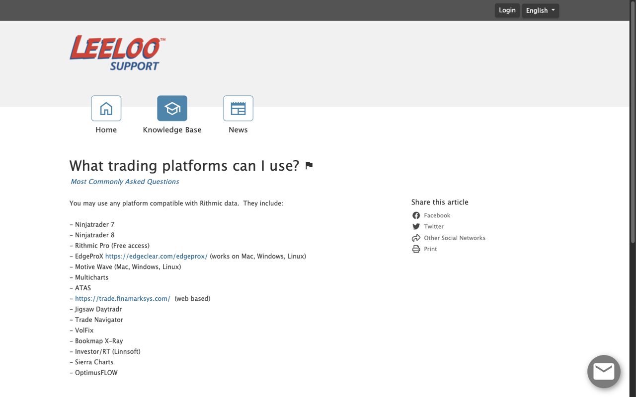 Leeloo support page listing Rithmic-compatible trading platforms