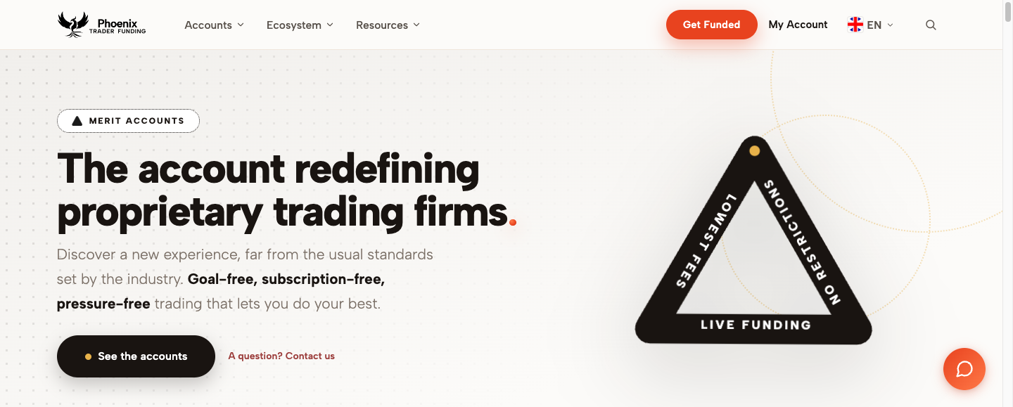 Phoenix Merit public landing page advertising goal-free and subscription-free trading.