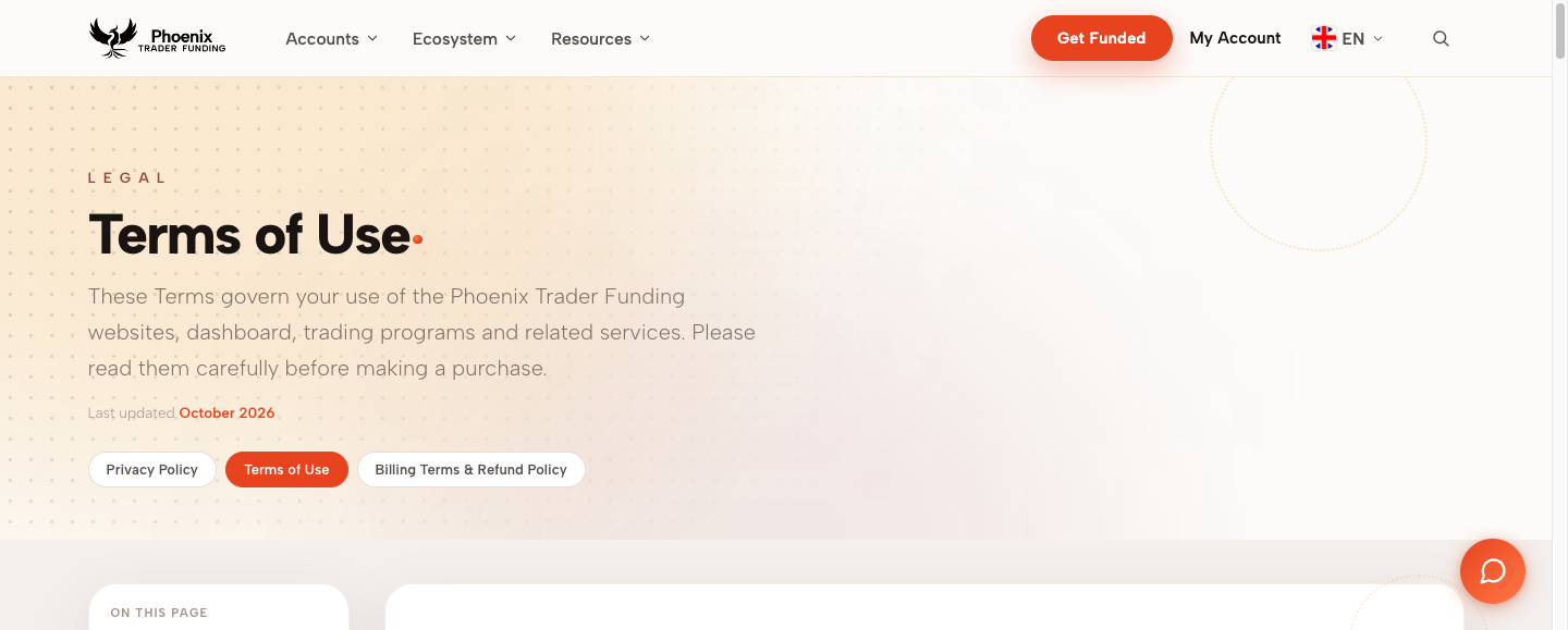 Phoenix public Terms of Use page header dated October 2026.