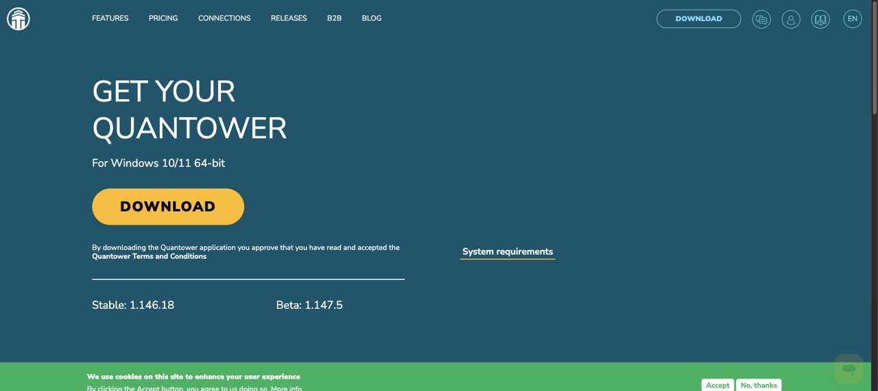 Quantower download page specifying Windows 10 and 11 64-bit