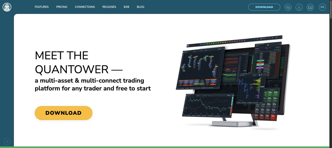 Quantower public homepage presenting its multi-asset platform