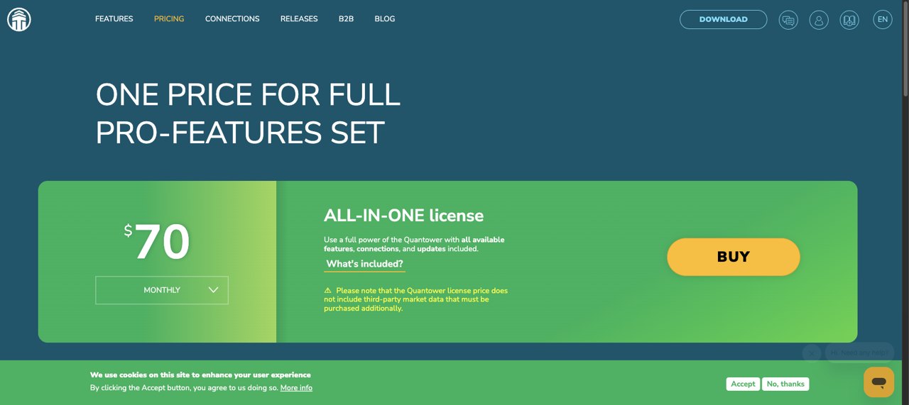 Quantower All-in-One monthly pricing and separate market-data warning