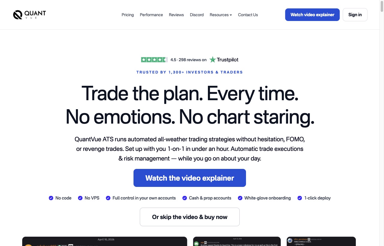 QuantVue public homepage presenting its ATS automation product.