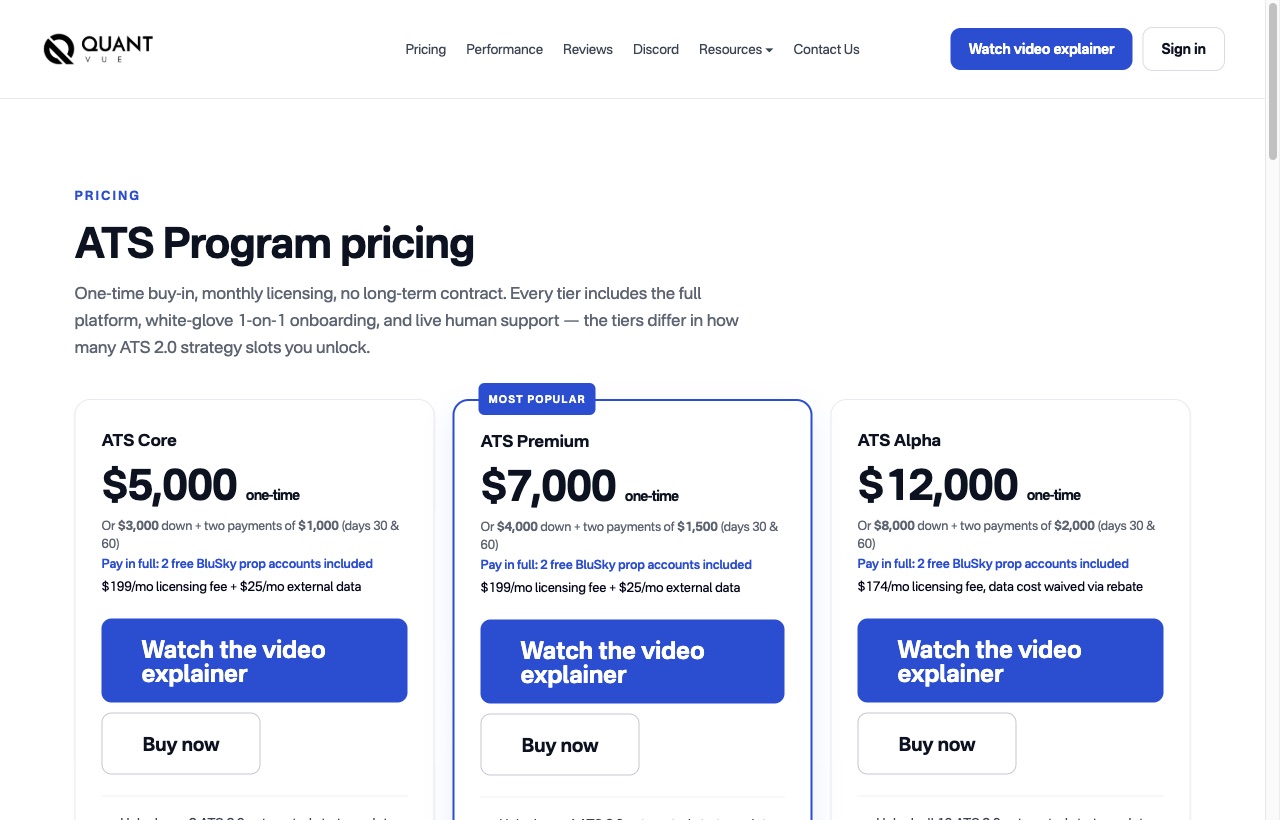 QuantVue public pricing cards for ATS Core, Premium and Alpha with upfront and recurring fees.